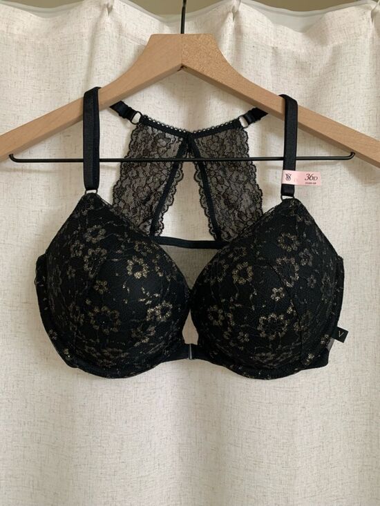 Victoria's Secret Other - Victorias Secret Black Lace Push-Up Bra with Gold Accents Front Closure 36D